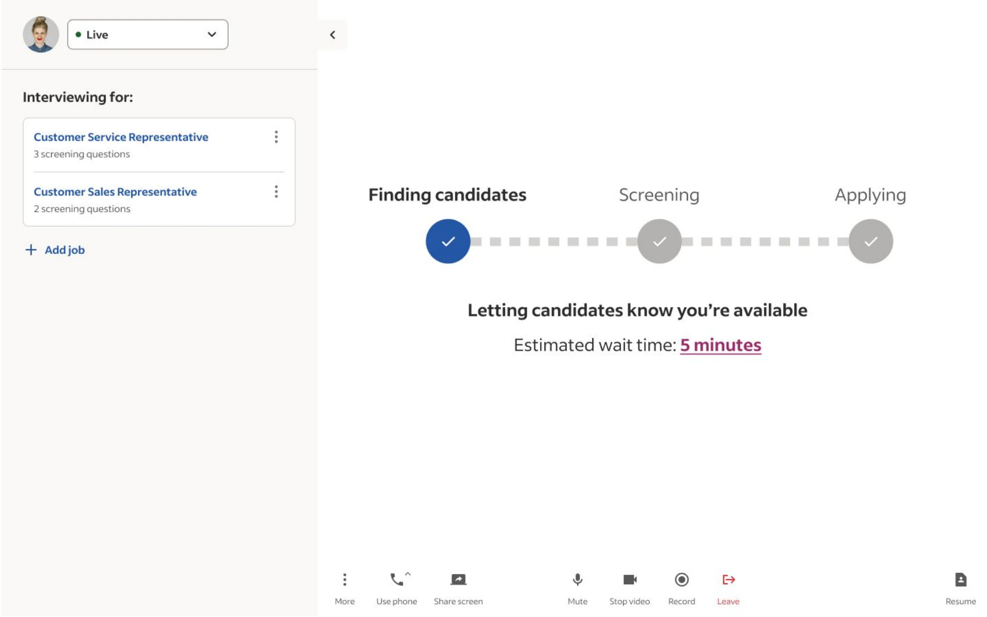 Interview Now employer view showing selected jobs and progress from finding candidates through screening and applying.