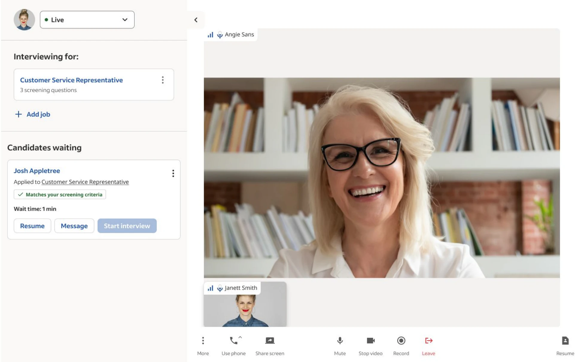 Interview Now employer interface showing a qualified candidate ready to begin a live video interview.