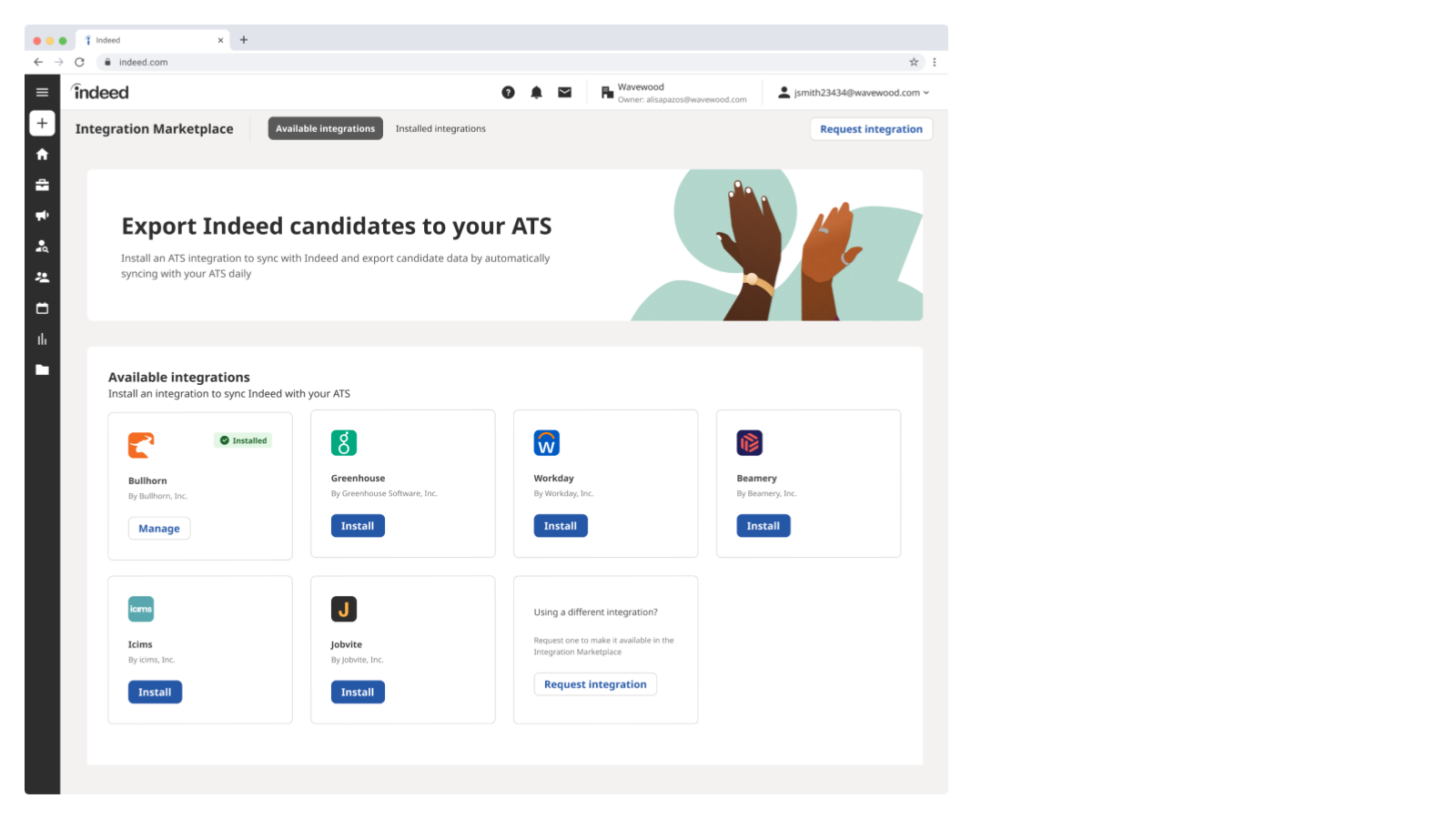 Indeed Integration Marketplace showing available applicant tracking system integrations.