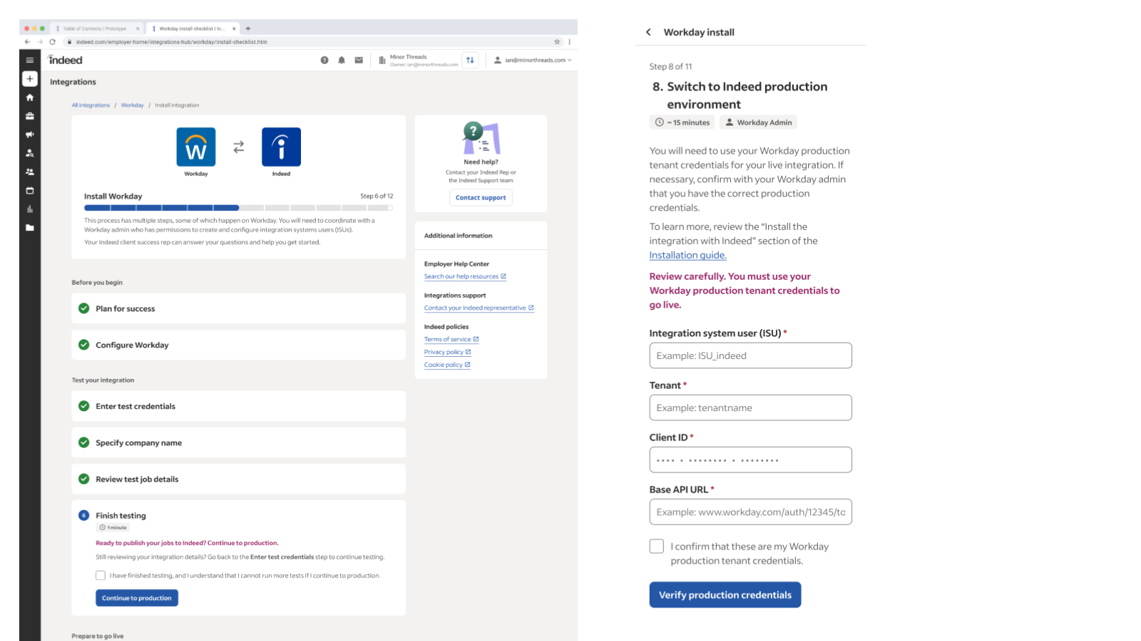 Workday integration checklist beside the step for switching from test to production.