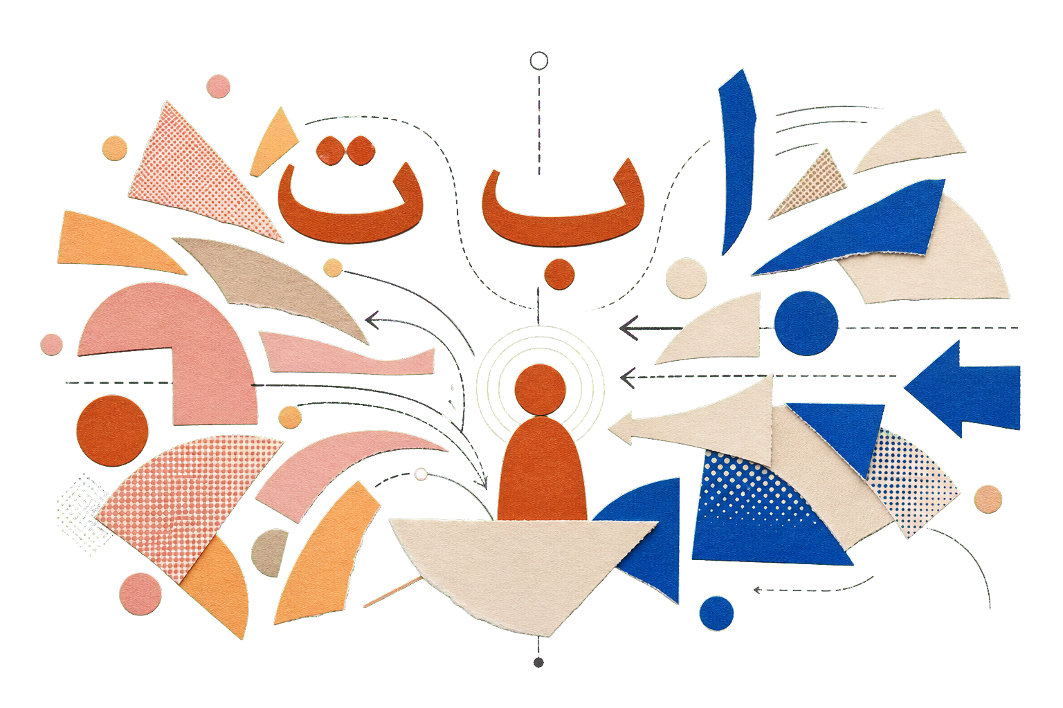 The Arabic letters alif, baa, and taa sit within a recomposed right-to-left cut-paper system around a central user.