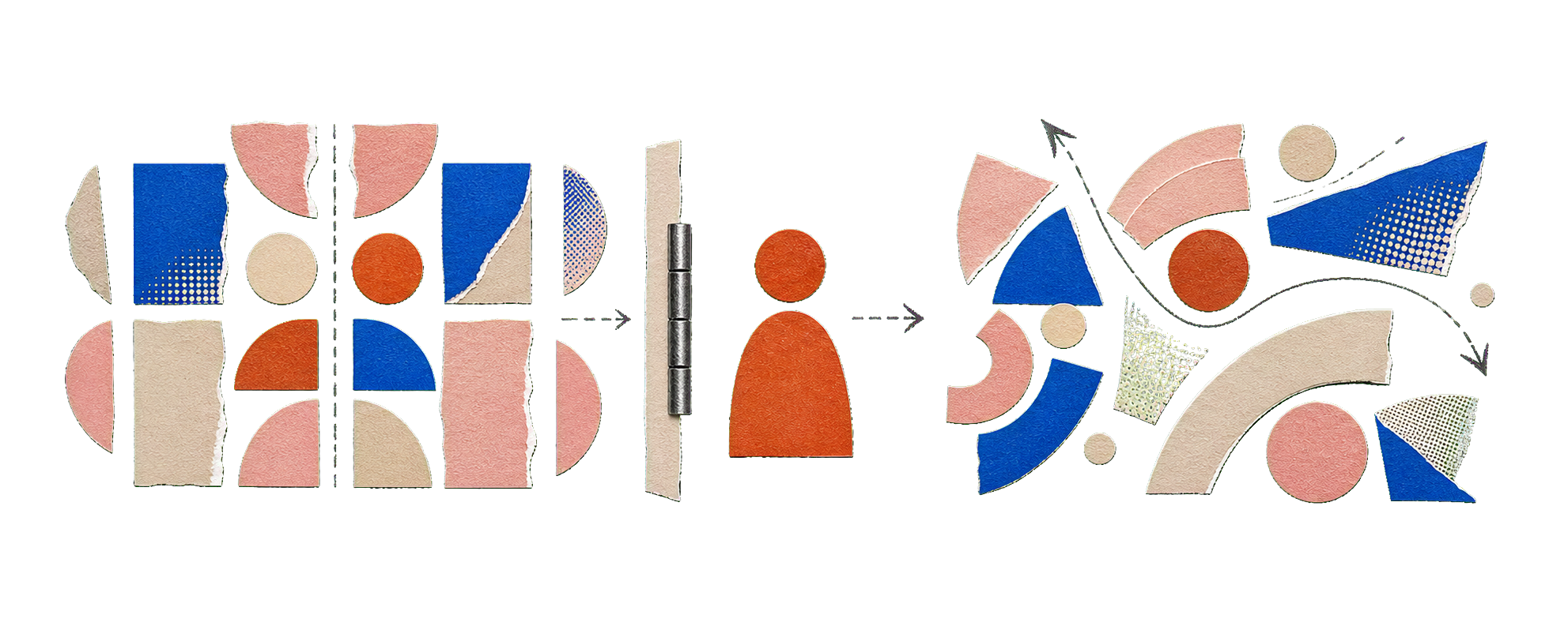 A rigid mirrored paper layout passes through a hinge and becomes a user-centered bidirectional composition.