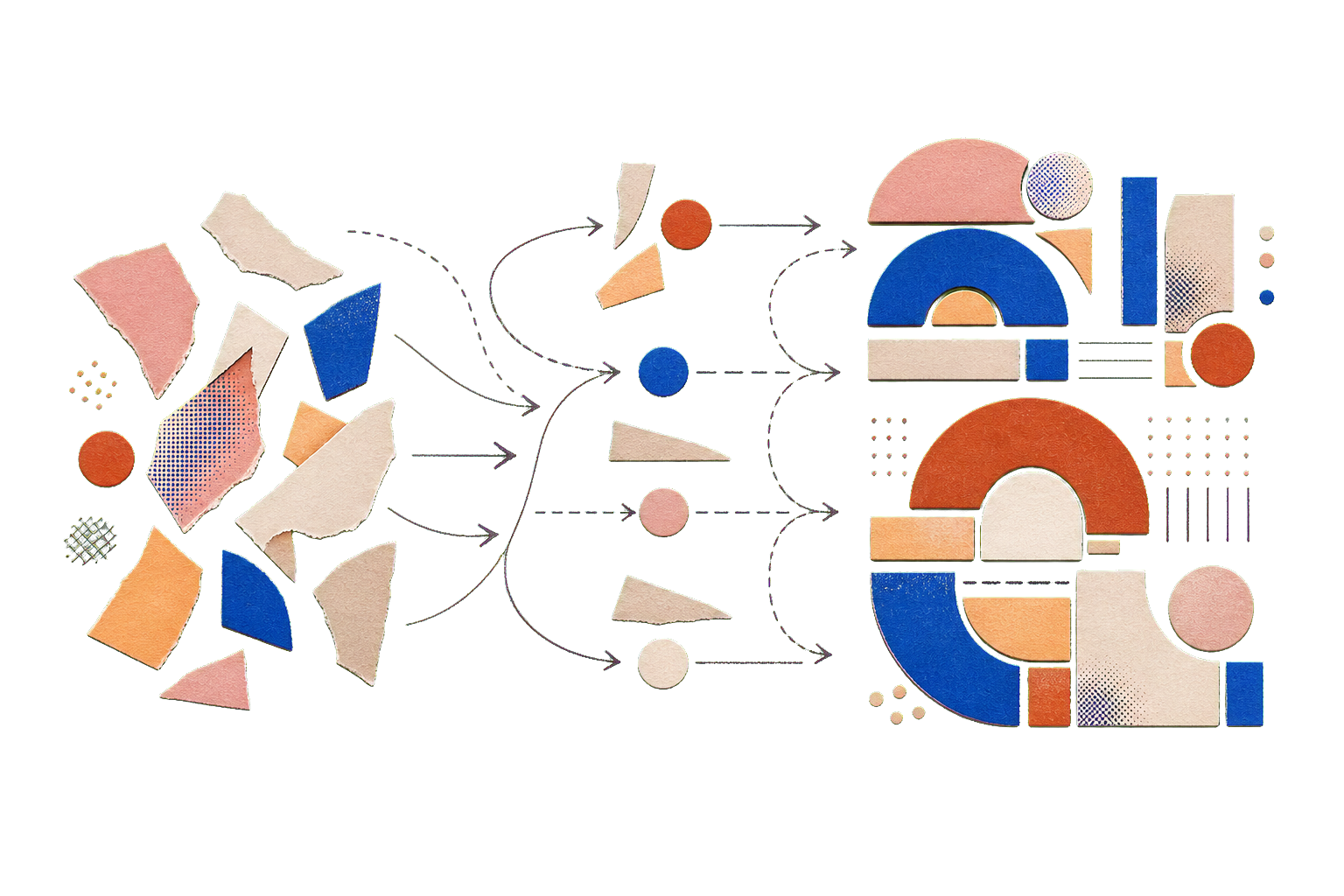 Torn paper fragments move from a loose seed stage into a coherent modular system.