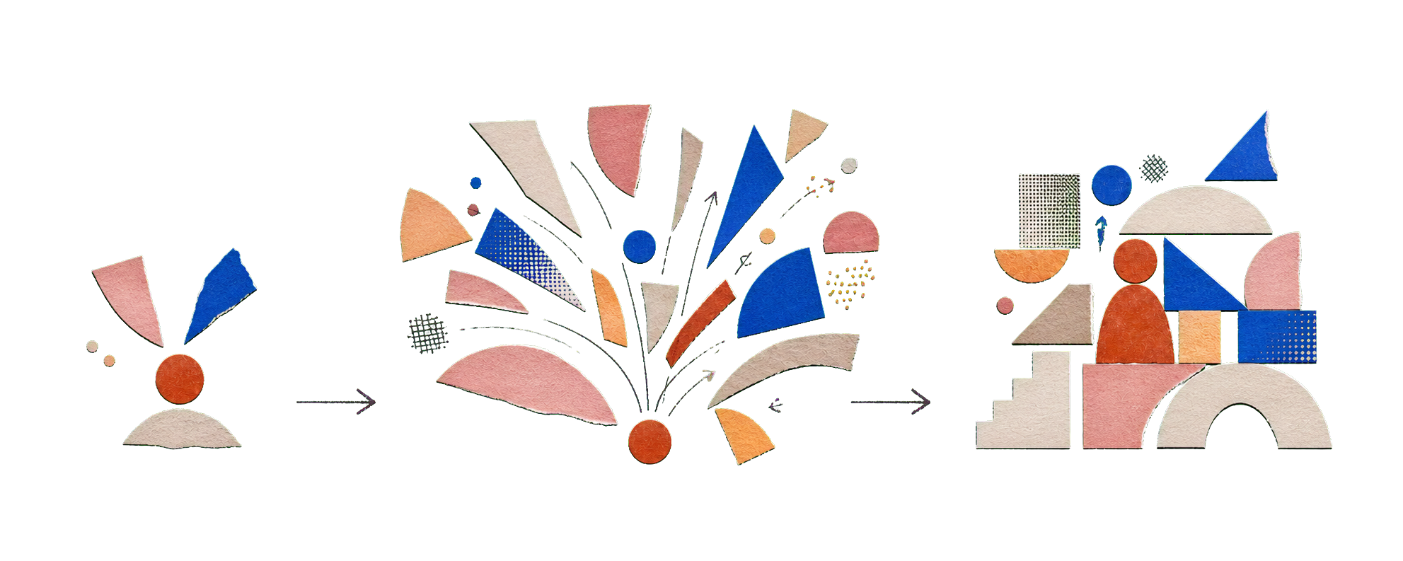 Three cut-paper stages progress from a seed to a branching cluster and a shared structure.